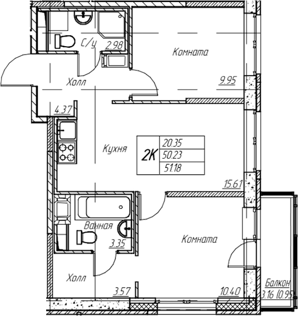 1-комнатная квартира 51.18 м², 18/22 эт., ЖК «Парк-квартал Юнтолово»